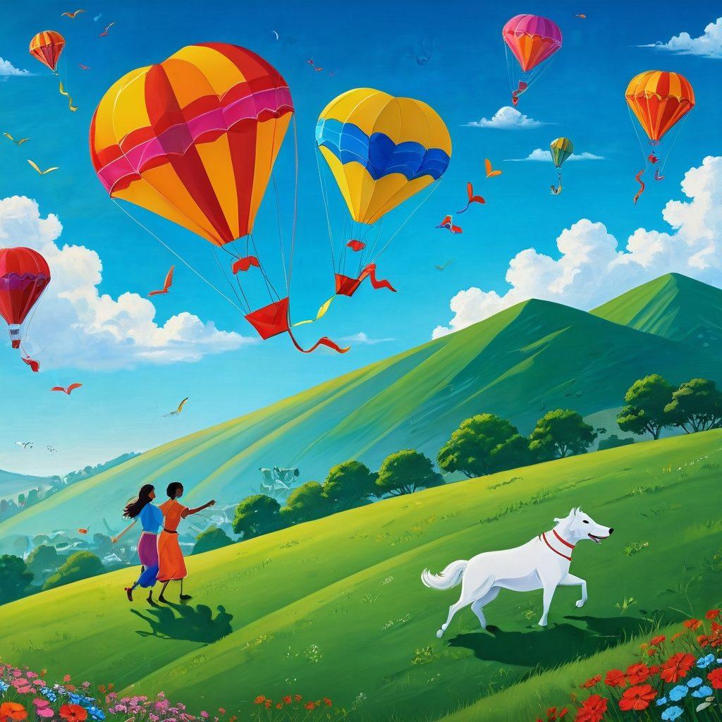 A whimsical scene of colorful kites soaring against a bright blue sky, intertwined hearts subtly formed within the kite designs, a couple happily flying kites together on a grassy hill. Incorporate elements of insurance symbols like a small umbrella and a shield gently floating among the kites, symbolizing protection and love. The scene evokes a sense of joy, connection, and adventure. vibrant colors. super-realistic.
