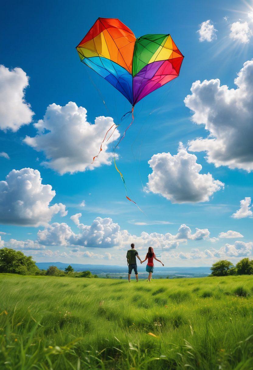 A serene landscape featuring a couple flying colorful kites together on a sunny day, their smiles reflecting joy and affection. In the background, fluffy white clouds float against a bright blue sky, symbolizing freedom and adventure. Bits of heart motifs subtly integrated into the kite designs represent the theme of love in relationships. Exaggerated picturesque scenery with lush green grass creating a vibrant atmosphere. vibrant colors. super-realistic.