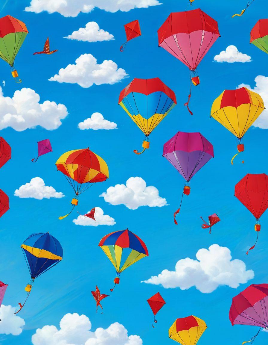 A colorful display of traditional kites soaring in a clear blue sky, intricately designed with romantic motifs and patterns. Below, a whimsical insurance agent character holds an oversized whimsical umbrella symbolizing protection, surrounded by soft clouds and playful elements. The scene embodies a blend of tradition and modernity, celebrating the art of kites while humorously representing the concept of insurance. vibrant colors. super-realistic. whimsical style.